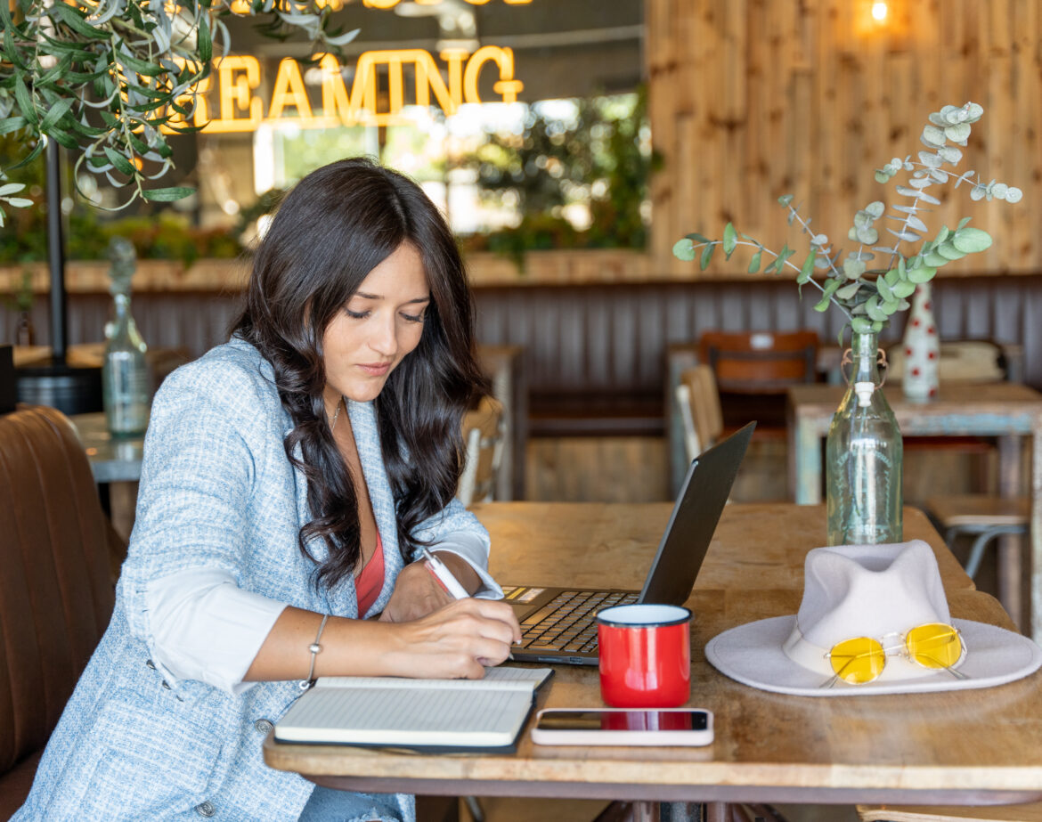 Woman looking at the personal finances and pension